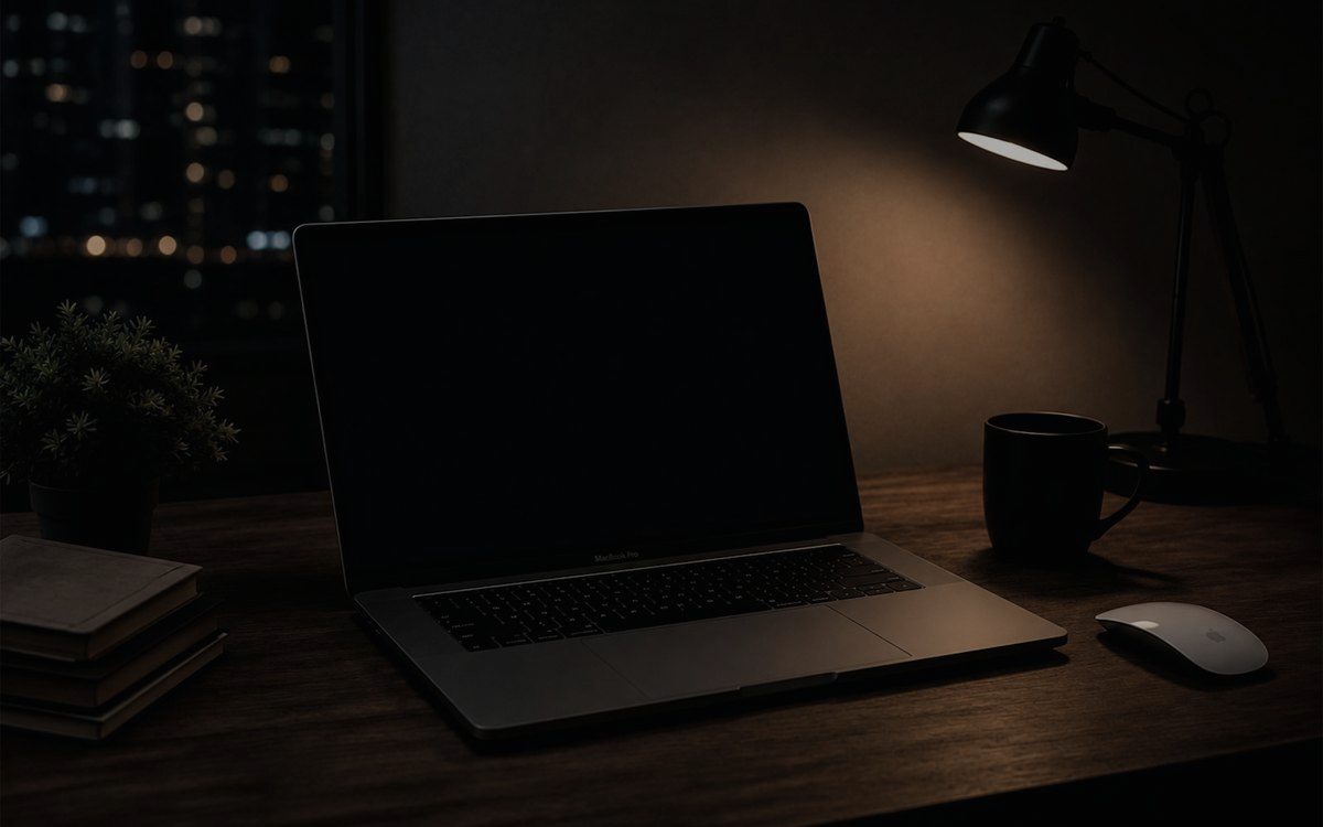Desk with laptop at night